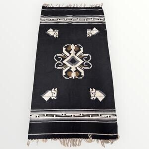 Vintage 100% Wool Poncho Horses Mexican Gaban Handmade 38”x72”